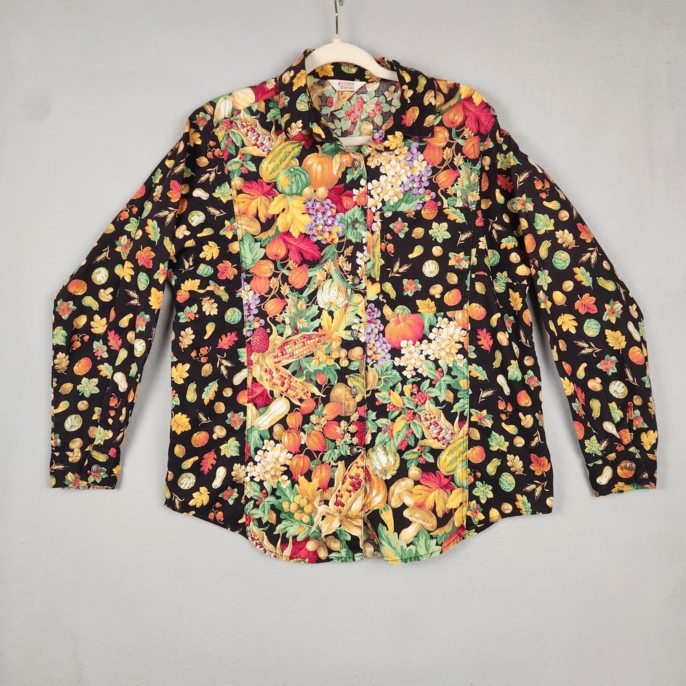 Vintage Gotcha‎ Covered Shirt Womens Medium Autumn Harvest Fruit Floral 90s USA